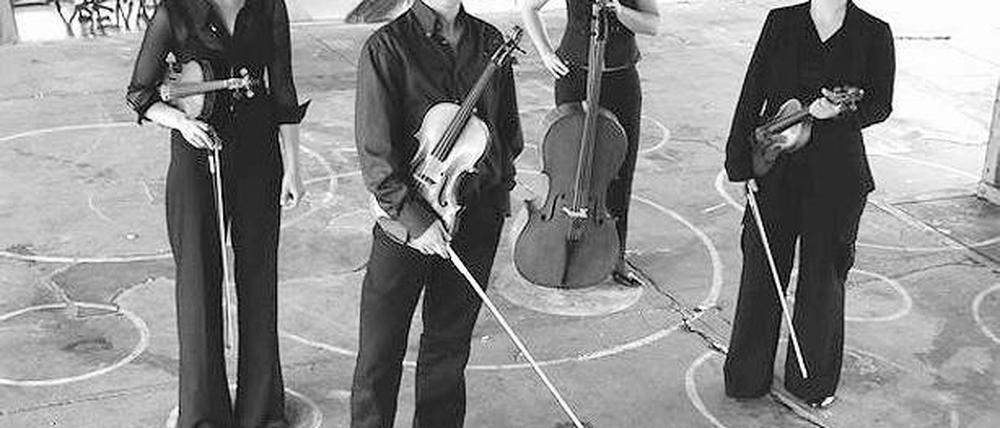 Im Kreis der Neuen Musik. Kirsten Harms, Nikolaus Schlierf, Cosima Gerhardt und Susanne Zapf (v.l.) sind zusammen das Sonar Quartett und während der Intersonanzen auch in Potsdam zu erleben.