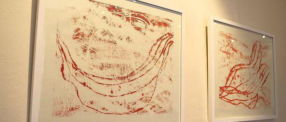 Blick in die Ausstellung der Urania mit den in Rot getauchten Monotypien von Agnes Sioda.