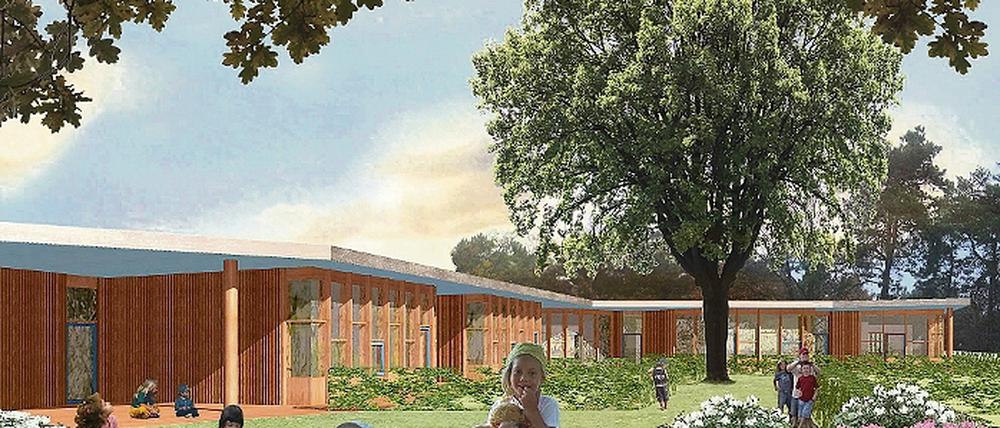 Kleinmachnows neue Waldorf-Kita im Entwurf  Ein konkreter Termin für einen Baubeginn ist noch nicht in Sicht. In der Gemeindevertretung wird derzeit über die Finanzierung des Neubaus gestritten. Derweil müssen die Kinder weiter mit ihrer maroden Holz-Baracke auf dem Seeberg Vorlieb nehmen.