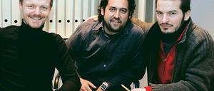Die drei Filmmusik-Talente der Berlinale in Babelsberg: Alexander Komlew, Camilo Sanabria und Vladimir Cháb vor den Aufnahmen mit dem Filmorchester. 