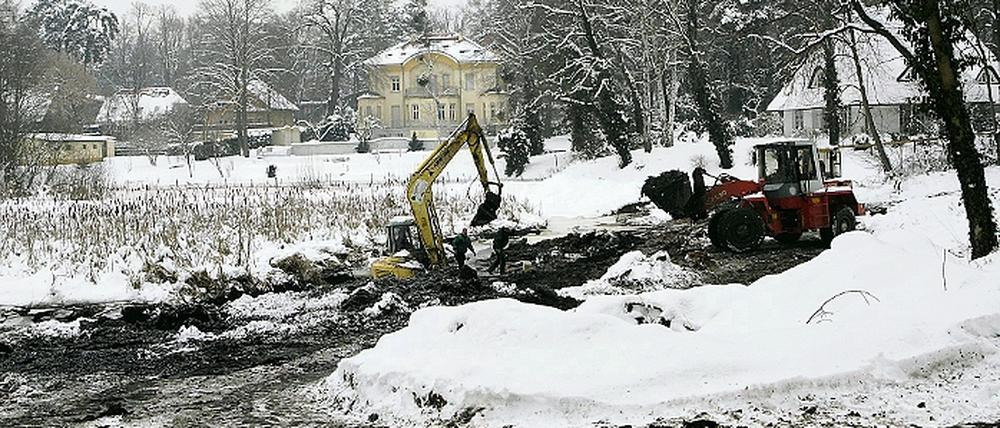 Schaufel für Schaufel wird der Schlamm im Nonnenteich abgebaggert. Bis zum März soll hier wieder ein idyllischer kleiner Waldsee entstehen, über den man vom Eichenweg aus auf die Färber-Villa am anderen Ufer blicken kann.