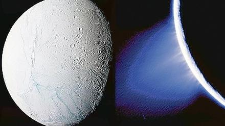 Wasser unterm Eis. Aus der Eiskruste des Saturnmondes Enceladus treten Ströme von feinen Eisteilchen aus.