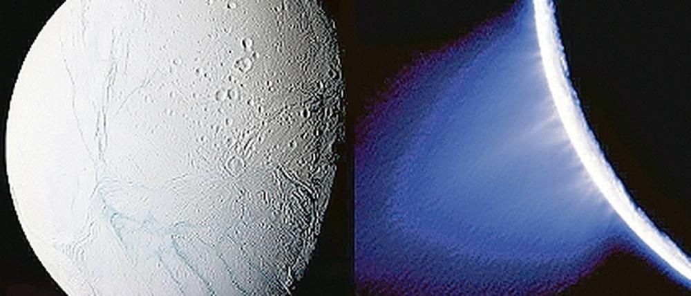 Wasser unterm Eis. Aus der Eiskruste des Saturnmondes Enceladus treten Ströme von feinen Eisteilchen aus.