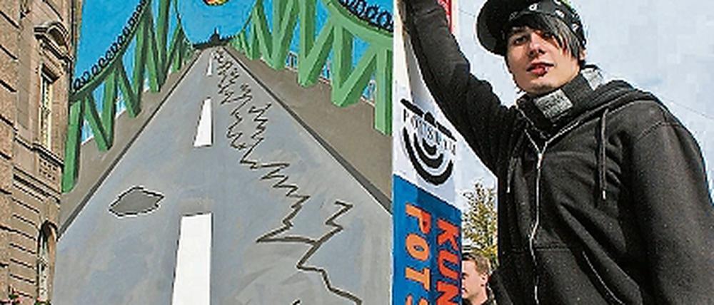 Der 19-jährige Tim Höreegott gestaltete den rund 2,50 Meter großen Dominostein mit Motiven der Glienicker Brücke, die für ihn der Potsdamer Symbolort der Einheit ist. 