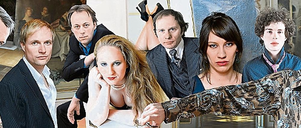 Die Protagonisten in der Potsdamer Macbeth-Inszenierung. Jon-Kaare Koppe, Wolfgang Vogler, Philipp Mauritz, Friederike Walke, Christoph Hohmann, Nele Jung, Friedemann Eckert und Jan Dose (v.l.n.r.)