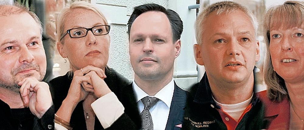 Teltow hat die Wahl  fünf Bewerber wollen an die Rathausspitze: Amtsinhaber Thomas Schmidt (SPD), Serena Meier-Zeh (CDU), Thomas Bertz (Linke), Detlef Kolbe (FDP) und die von der BIT unterstützte Einzelkandidatin Petra Nicksch-Kasdorf (von links).