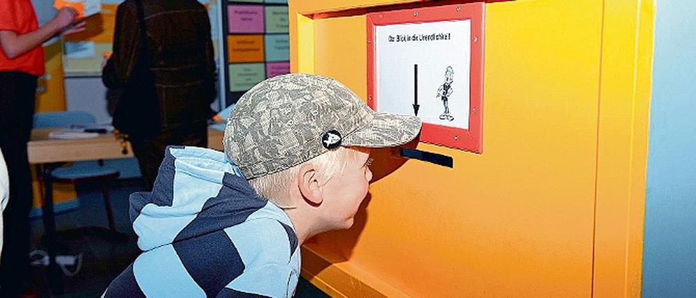 Studieren auf Probe dürfen Dritt- und Viertklässler in der 6. Kinder-Universität in Golm. Hier können sie beim Blick durch einen Briefschlitz die Unendlichkeit entdecken, mit Einstein auf einem Lichtstrahl reiten und ihren Hörsinn testen.