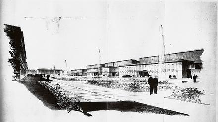 Riesige Dimensionen sollte die Babelsberger Filmstadt haben. Diese Ansicht des Entwurfs von Emil Fahrenkamp zeigt einen Platz mit mehreren Ateliergruppen.