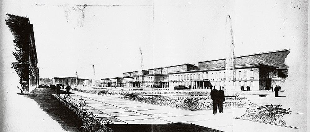 Riesige Dimensionen sollte die Babelsberger Filmstadt haben. Diese Ansicht des Entwurfs von Emil Fahrenkamp zeigt einen Platz mit mehreren Ateliergruppen.