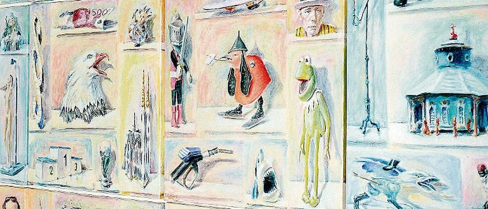Weltformeln. Schillers Leinwände sind unterteilt in kleine rechteckige Flächen, die mal Kermit, dem Frosch, mal Joseph Beuys, mal einem Leuchtturm vorbehalten sind.