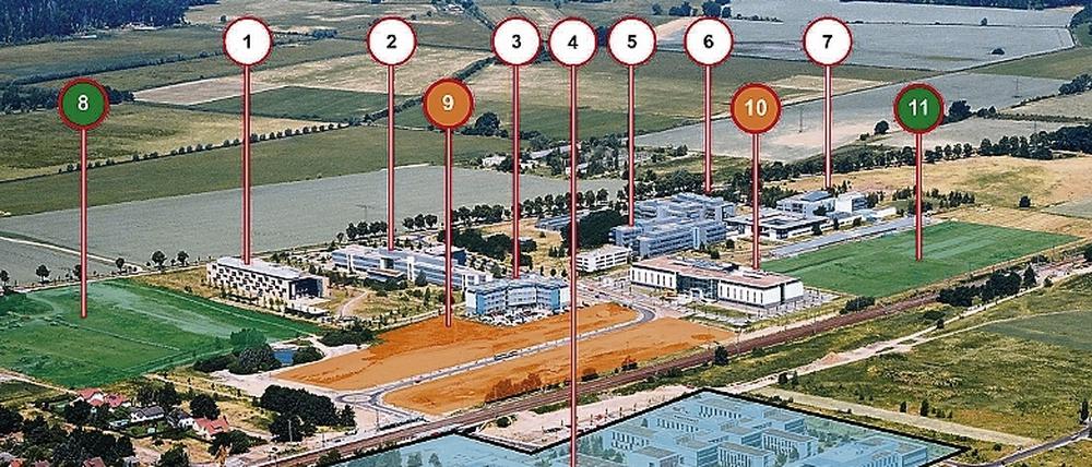 Wissenschaftspark Golm: 1. Fraunhofer Institut für Biomedizinische Technik; 2. Fraunhofer Institut für Angewandte Polymerforschung; 3. Go:In - Innovationszentrum Golm; 4. Universität Potsdam  Campus Golm mit 15 verschiedenen Instituten; 5. Max Planck Institut Kolloid und Grenzflächenforschung; 6. Max Planck Institut für Molekulare Pflanzenphysiologie; 7. Max Planck Institut für Gravitationsphysik (Albert-Einstein-Institut); 8. Freifläche (z.B. Erweiterung des Fraunhofer Institutes); 9. verfügbare Geschäftsfläche, 10. genutzte Geschäftsfläche, u.a. Berlin Pharma; 11. Erweiterungsfläche für Max Planck Gesellschaft.