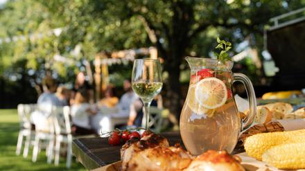 Close-up of food and drink family celebration.