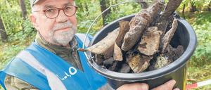 Spurensuche. Hobbyforscher Gerhard Kaminski zeigt in einem Waldstück bei Briesen (Oder-Spree) einen Eimer mit ersten Fundstücken von einem sowjetischen Kampfflugzeug IL-2, das hier im Zweiten Weltkrieg abstürzte. Luftfahrtarchäologen waren über Zeitzeugenangaben auf den Fund gestoßen.