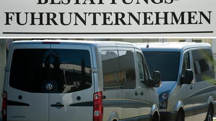 Das Schild des Bestattungsunternehmens (oben) und Fahrzeuge auf dem Hof des Bestatters, auf dessen Gelaende in der Nacht zum Montag (15.10.12) ein Leichenwagen mit zwölf Leichen gestohlen wurde, in Dahlwitz-Hoppegarten bei Berlin.
