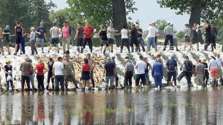 In Lostau bei Magdeburg versuchen Helfer am Sonntag (09.06.2013) mit Sandsäcken einen Damm gegen das Hochwasser der Elbe zu verstärken.