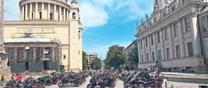 Parken mit Aussicht. Dutzende Motorräder haben die Mitglieder der Gold Wing Freunde Potsdam während einer Schifffahrt am Samstag auf dem Markt geparkt.