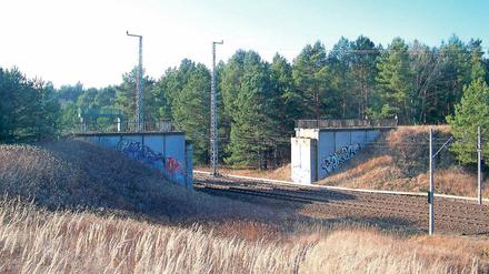 Reste. Die Widerlager der bis 1998 genutzten Brücke über die Bahnstrecke Berlin–Bad Belzig stehen noch. Bis November 2021 soll an dieser Stelle eine neue Brücke gebaut werden, die mit 100 Stundenkilometern befahren werden kann.