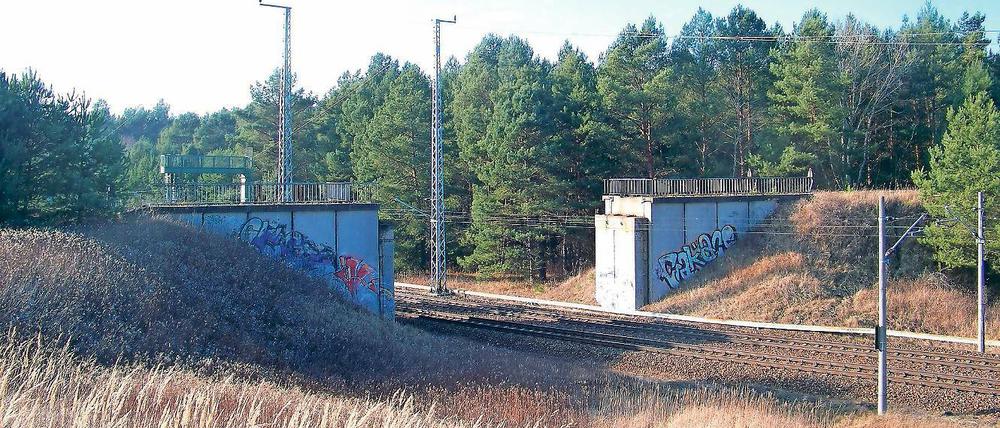 Reste. Die Widerlager der bis 1998 genutzten Brücke über die Bahnstrecke Berlin–Bad Belzig stehen noch. Bis November 2021 soll an dieser Stelle eine neue Brücke gebaut werden, die mit 100 Stundenkilometern befahren werden kann.