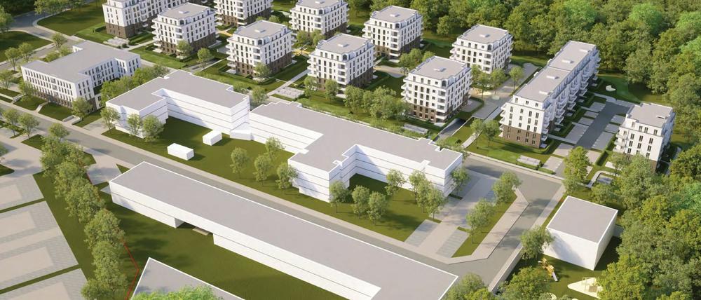 Visualisierung Brunnenviertel, Waldstadt Potsdam. Die Wohnhäuser (oben) stehen schon. Der Riegel in der Mitte soll eine Seniorenresidenz werden, unten ein Gewerbehof unterkommen. Visualisierung: KW Development