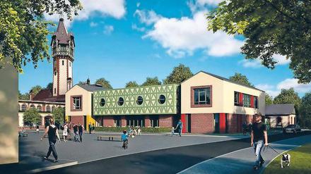 Neue Kita am Wasserturm. Der Bauantrag für das Haus, in dem ab September 2020 etwa 100 Kinder betreut werden sollen, ist gestellt. Mit den Arbeiten für das sich in die historische Architektur einpassende Gebäude soll 2019 begonnen werden. Dann sollen schon die ersten Mieter in sanierten Altbauten wohnen.  