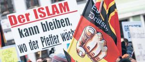 Populisten laufen nie einer Stimmung hinterher, so der Potsdamer Politologe Gideon Botsch. Sie erzeugen vielmehr Stimmungen und präsentieren diese dann als die des Volkes. Hier Teilnehmer einer Demonstration des Bürgervereins „Zukunft Heimat“ gegen Flüchtlinge in Cottbus.