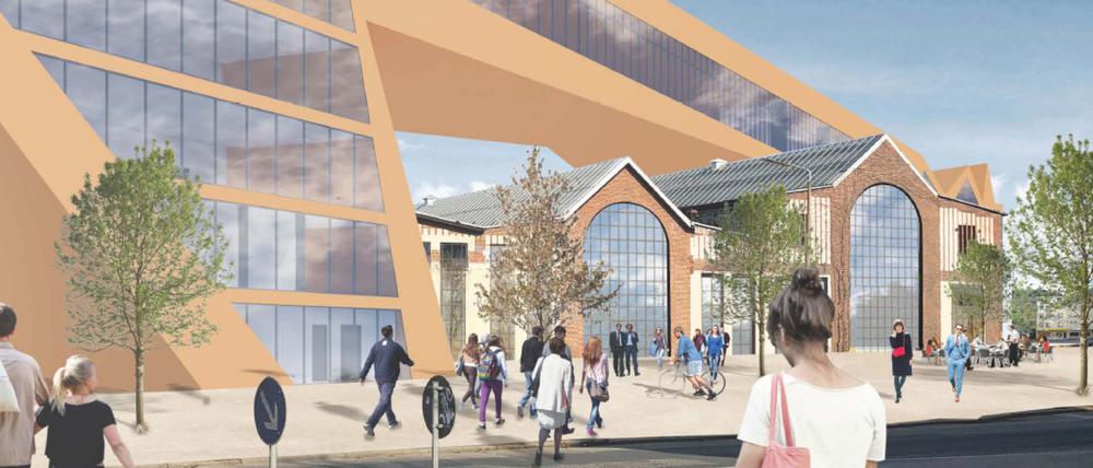 So soll das neue Innovationszentrum in Potsdam einmal aussehen – hier der Blick von der Friedrich-Engels-Straße.