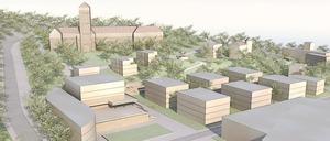 So könnte der Kompromiss zum Brauhausberg aussehen. Links erkennt man das Minsk mit zwei möglichen Geschossen extra und einem modernen Bau daneben. Rechts davon befinden sich Wohnhäuser, im Vordergrund fällt das Schwimmbad blu ins Auge.