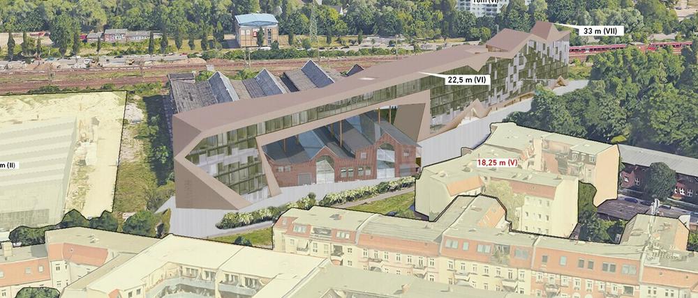 Eine Luftbild-Visualisierung der Pläne für das "The RAW Potsdam"-Digitalzentrum am Hauptbahnhof.