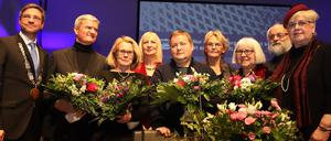 Neujahrsempfang der Stadt Potsdam, OB Mike Schubert, Christian Rüss, Heiderose Gerber, Martina Traut (Laudatorin), Lutz Boede, Barbara Kuster (Laudatorin), Saskia Hüneke, Dr. Christian Seidel (Laudator), Birgit Müller (Stadtpräsidentin) v.l.