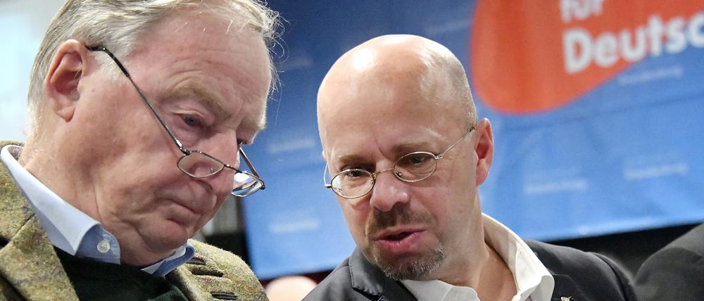 AfD-Landeschef Andreas Kalbitz unterhält sich auf dem Parteitag mit seinem Vorgänger Alexander Gauland.