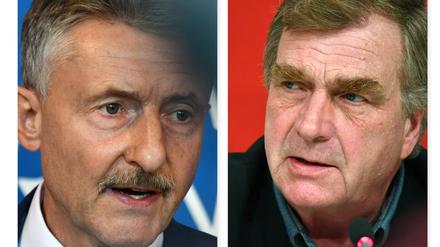 Karl-Heinz Schröter (l., Innenminister, SPD) und Ralf Christoffers (Linke-Fraktionschef).