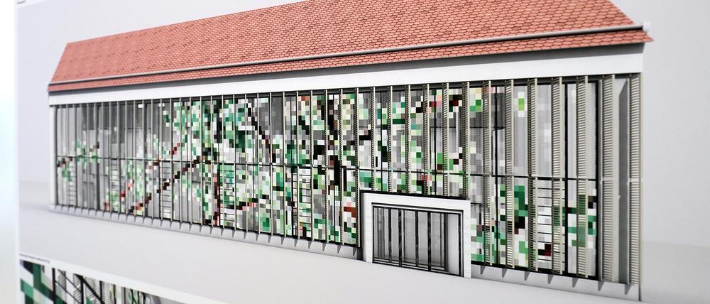 Verpixelt. Die ehemalige Orangerie am Neuen Palais wird in moderner Anmutung wiederentstehen. Die 30 Meter breite und sieben Meter hohe Glasfassade hat die Künstlerin Eva Leitolf gestaltet.