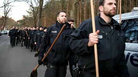 Berliner Polizisten durchsuchen weiter ein Waldstück nach der vermissten Rebecca bei Storkow. Dieses Foto stammt vom Einsatz am Donnerstag.