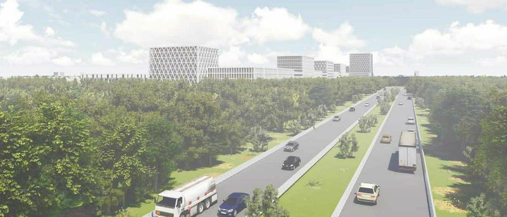 Die Zukunft der Brache? So könnte das neue Wohn- und Gewerbegebiet am Kirchsteigfeld einmal aussehen. Selbst von der Autobahn würden die für Gewerbe gedachten Mehrgeschosser zu erkennen sein.