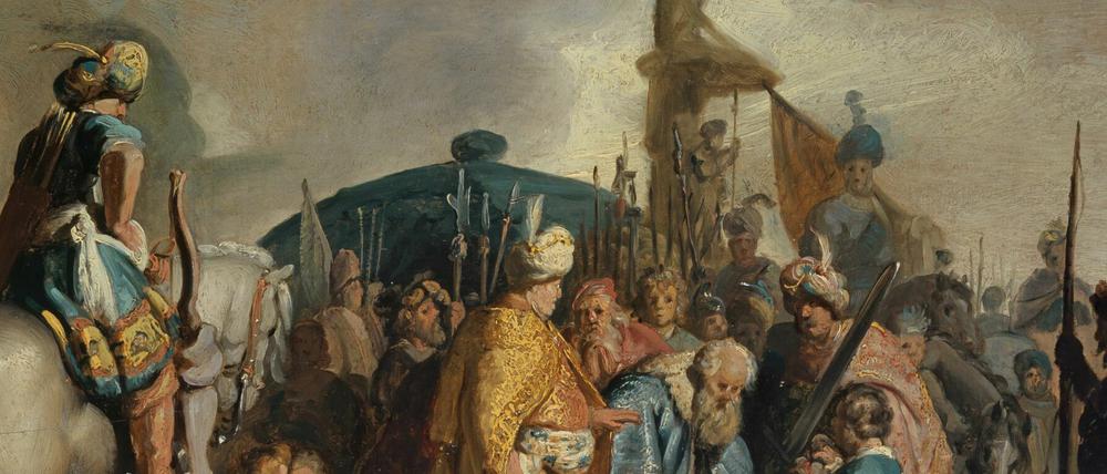 Hier übergibt David Goliaths Haupt dem König Saul. Dieses Gemälde von Rembrandt stammt aus dem Jahr 1627.