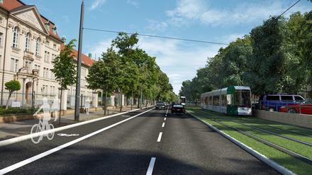 Diese Visualisierung zeigte die ursprünglichen Pläne für die Tramtrasse auf der Heinrich-Mann-Allee in Potsdam.