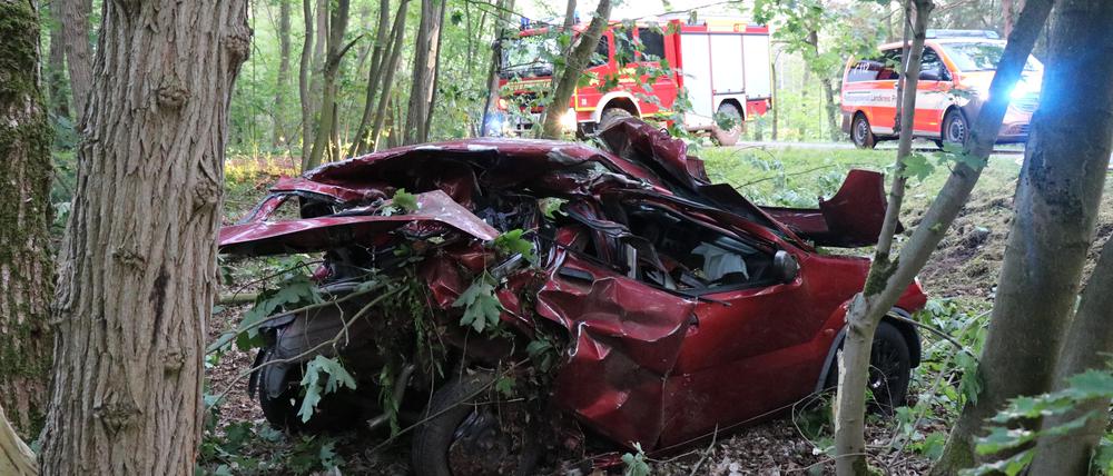 Der Wagen wurde in einen Wald geschleudert.