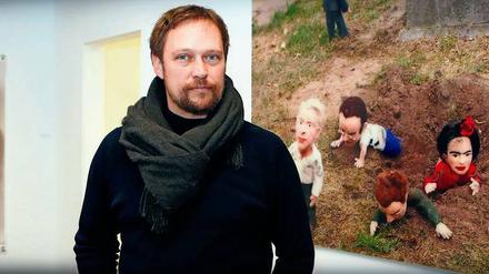 Die Filzfiguren bespielen die alte baufällige Kirche nebenan. 