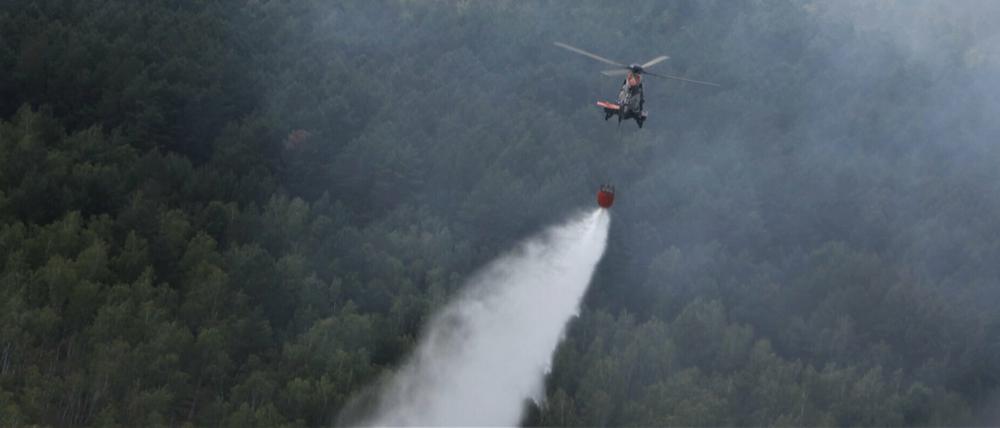 Ein Hubschrauber der Bundespolizei bei Löscharbeiten in einem Waldstück in der Lieberoser Heide.