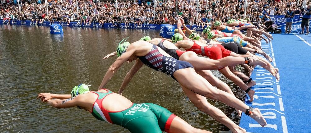 Auf geht´s in die Alster. Der Hamburg-Triathlon ist stets ein internationales Sport-Highlight.
