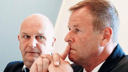SPD-Ministerpräsident Dietmar Woidke (l.) und sein Vize von den Linken, Christian Görke, zogen Bilanz. 