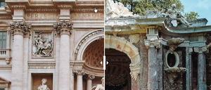 Die Neptungrotte, rechts in Potsdam, links die Fontana di Trevi in Rom. 