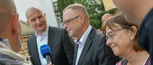 Brandenburgs Ministerpräsident Dietmar Woidke (l. SPD), Michael Stübgen (CDU), kommissarischer Vorsitzender, und Ursula Nonnemacher (Bündnis 90/Die Grünen), Fraktionsvorsitzende nach den Sondierungsgesprächen.