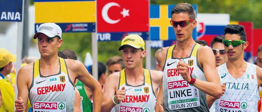 Potsdam-Express. Wie bei der EM 2018 in Berlin ist das Trio Nils Brembach, Hagen Pohle und Christopher Linke auch in Doha bei der WM am Start.