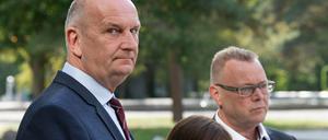 Dietmar Woidke, SPD-Vorsitzender und Ministerpräsident, Ursula Nonnemacher, Fraktionsvorsitzende von Bündnis 90/Die Grünen, und Michael Stübgen, kommissarischer CDU-Vorsitzender in Brandenburg (v.l.).