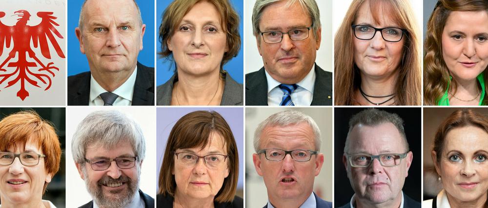 Die geplante rot-schwarz-grüne Koalition in Brandenburg nimmt Gestalt an. Überblick über die voraussichtliche Besetzung (oben v.l.): Ministerpräsident Dietmar Woidke (SPD), Britta Ernst (SPD/Bildung), Jörg Steinbach (SPD/Wirtschaft und Arbeit), Katrin Lange (SPD/Finanzen und Europa), Manja Schüle (Kultur und Wissenschaft); (unten v.l.) Kathrin Schneider (SPD/Staatskanzlei), Axel Vogel (Die Grünen/Landwirtschaft und Umwelt), Ursula Nonnemacher (Die Grünen/Gesundheit und Soziales), Guido Beermann (CDU/Infrastruktur), Michael Stübgen (CDU/Innenminister und Vize-Regierungschef), Susanne Hoffmann (CDU/Justiz).