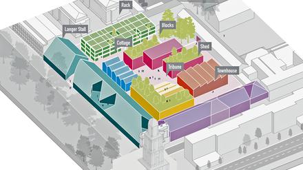 Auf dem jetzt brachliegenden Gelände der ehemaligen Feuerwache an der Werner-Seelenbinder-Straße sollen rund zehn neue Gebäude errichtet werden – zunächst ein langgezogenes Haus auf dem Grundriss des früheren Langen Stalls.