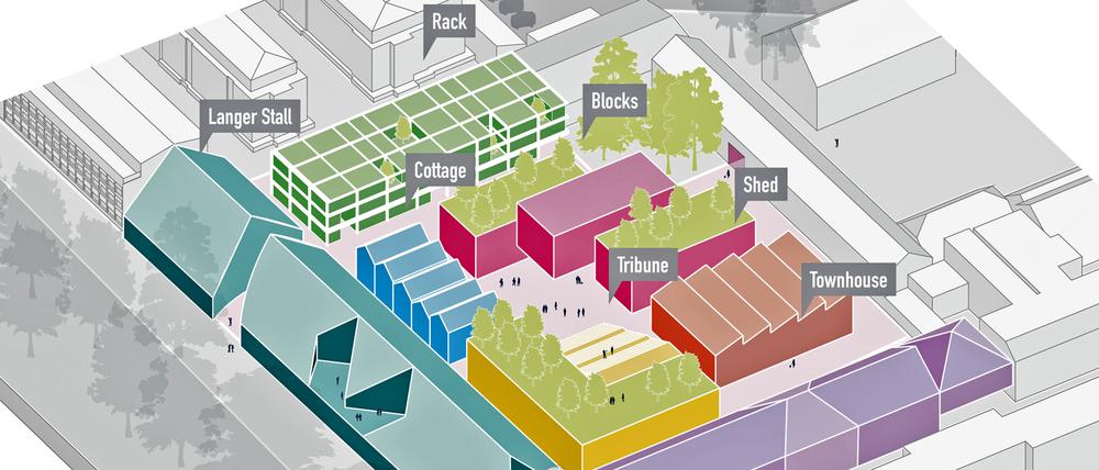 Auf dem jetzt brachliegenden Gelände der ehemaligen Feuerwache an der Werner-Seelenbinder-Straße sollen rund zehn neue Gebäude errichtet werden – zunächst ein langgezogenes Haus auf dem Grundriss des früheren Langen Stalls.