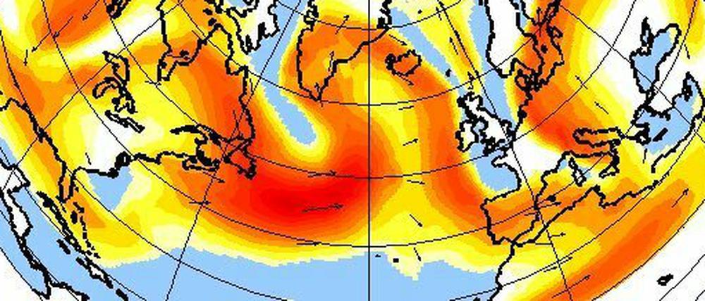 Unter Druck. Die PIK-Analyse zeigt, wie der Jetstream von Süden gegen die Alpen strömt; so wird auch das Adriawasser Richtung Venedig gedrückt.