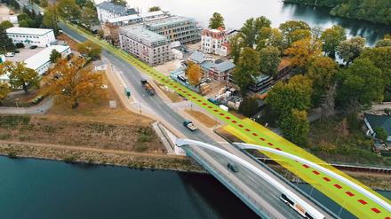 Engstelle. Die Bahntrasse auf der Insel Neu Fahrland liegt neben dort jüngst errichteten Gebäuden. Auch die Bundesstraße dort muss angepasst werden.Grafiken: Verkehrsbetrieb Potsdam
